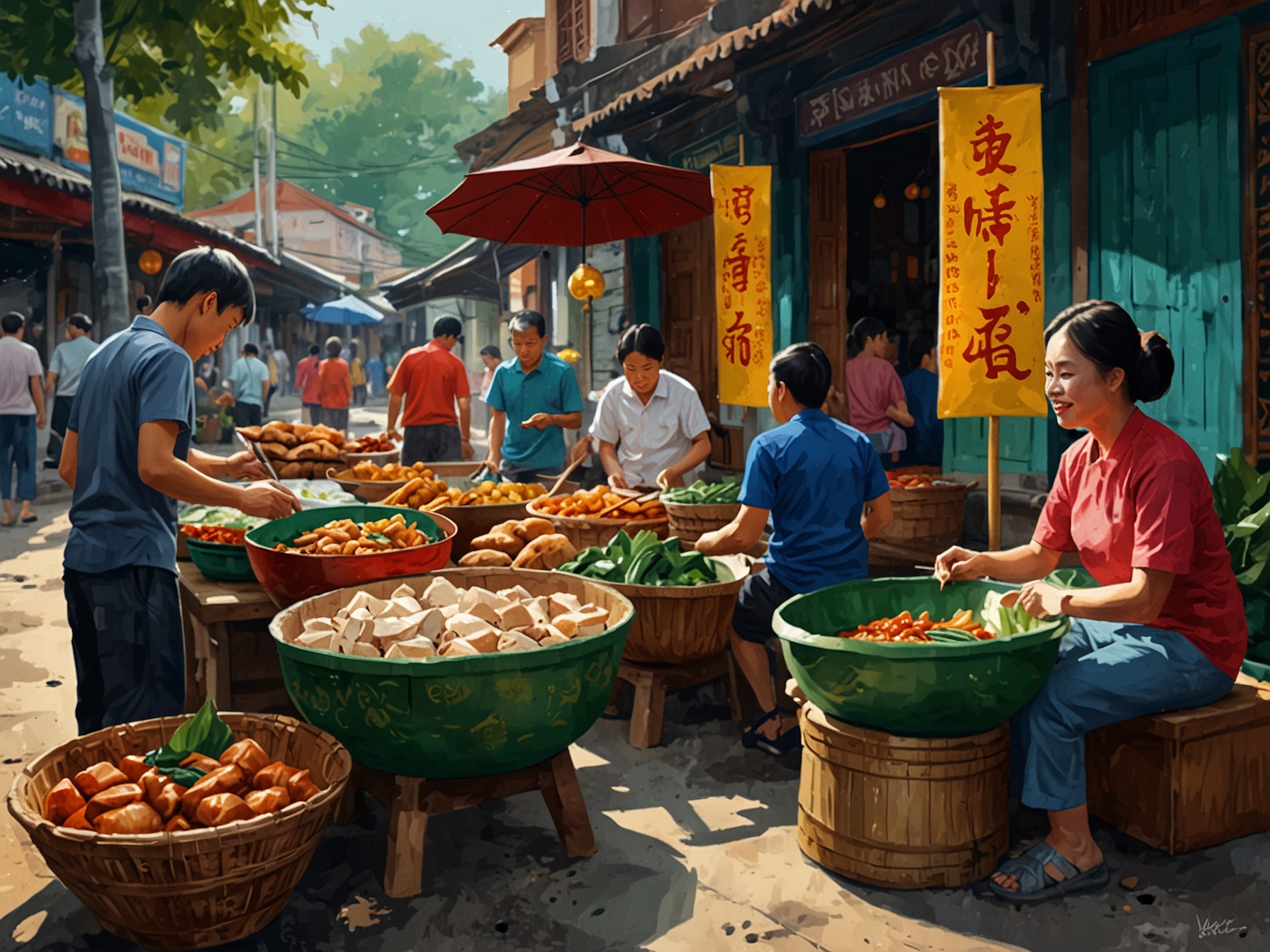 A vibrant market scene in Central Vietnam displaying an array of traditional dishes like bánh bèo and mì Quảng, reflecting the rich culinary heritage of the region.