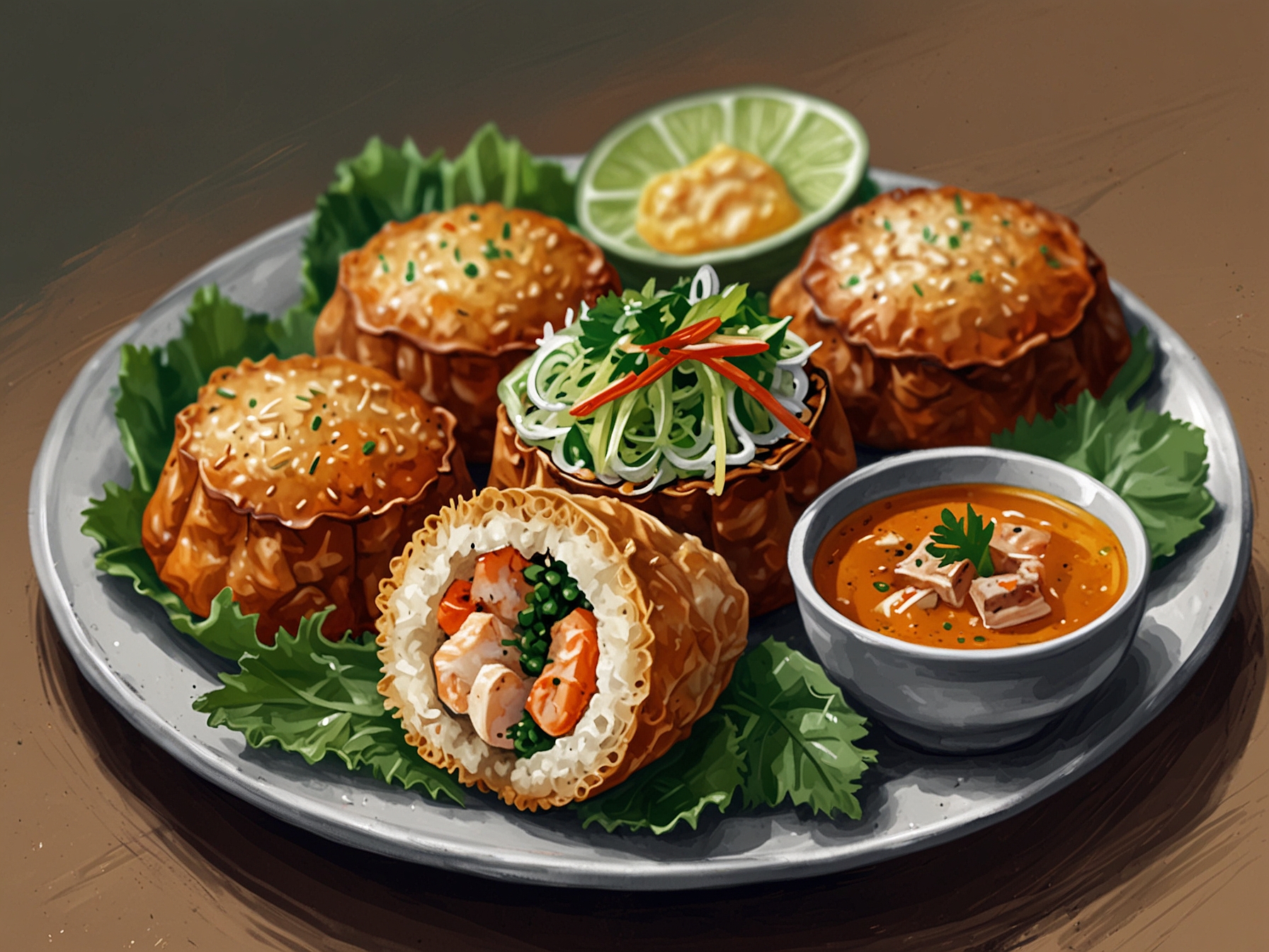 A plate of crispy bánh xèo filled with succulent seafood, served with fresh greens and dipping sauce, highlighting the delightful experience of Vietnamese seafood cuisine.