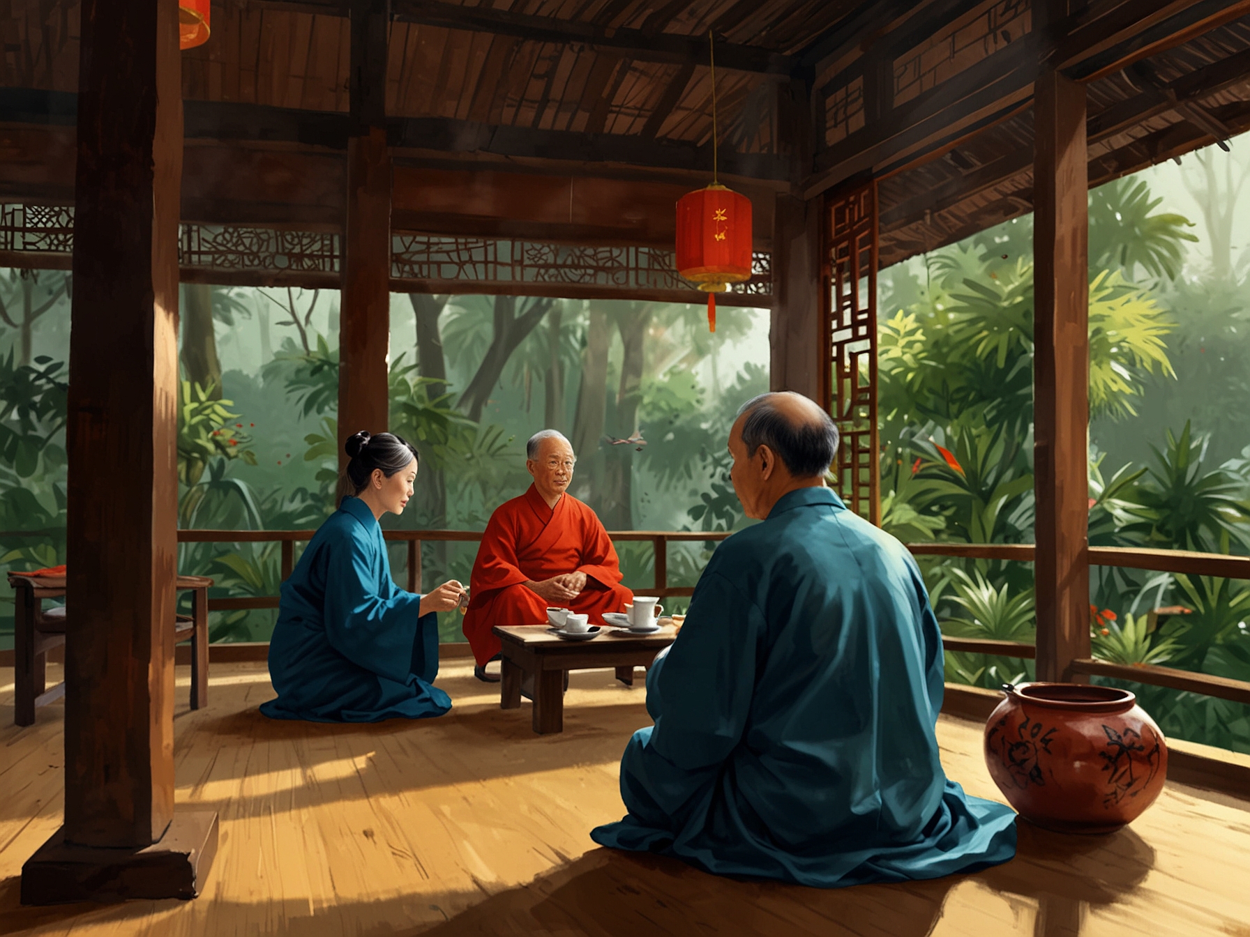 A serene setting with a traditional Vietnamese tea ceremony, where people enjoy fragrant tea while sharing stories, capturing the essence of Vietnamese social life.