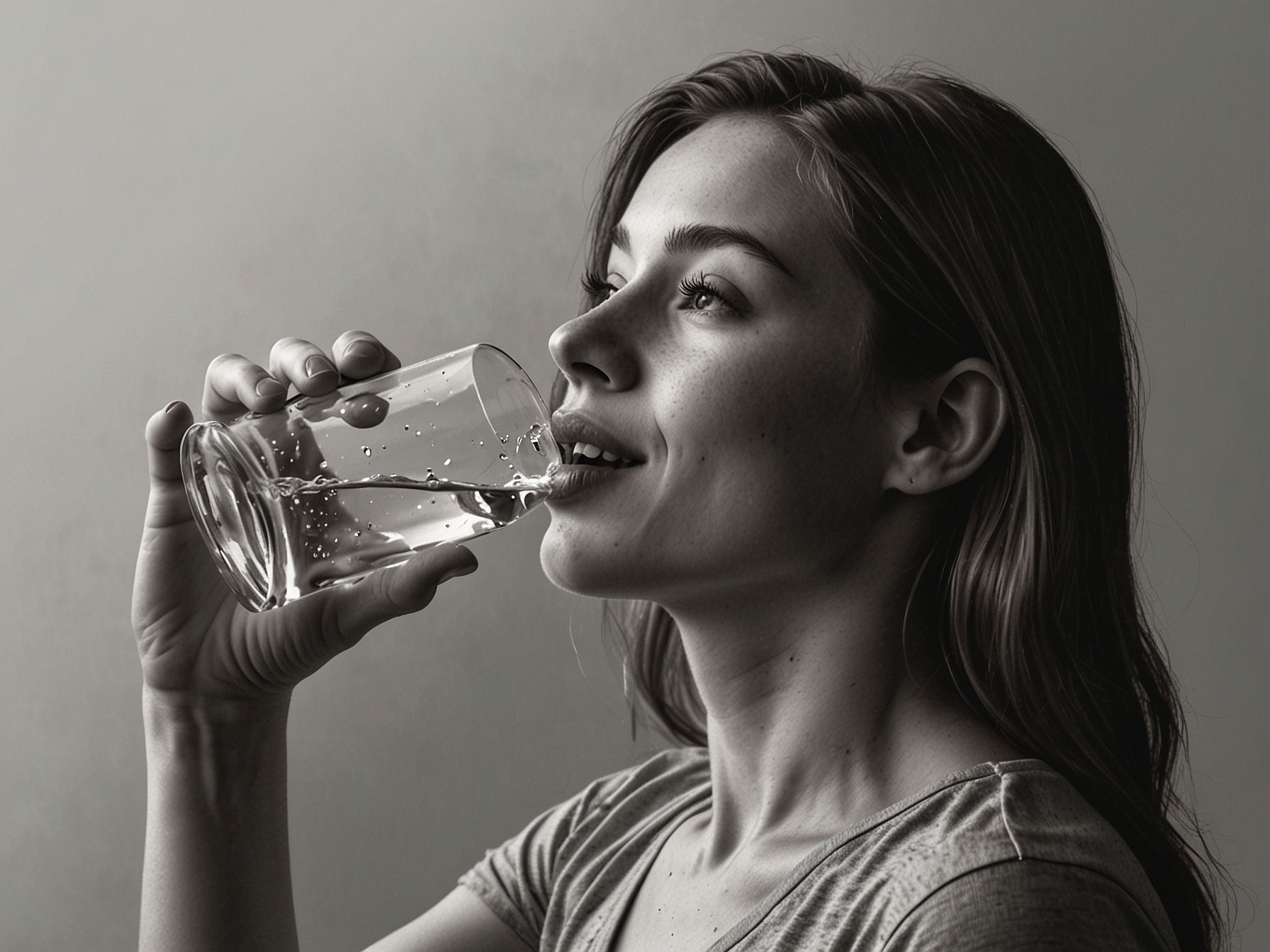 A woman happily drinking a glass of water in the morning, showing the importance of hydration for youthful and radiant skin.