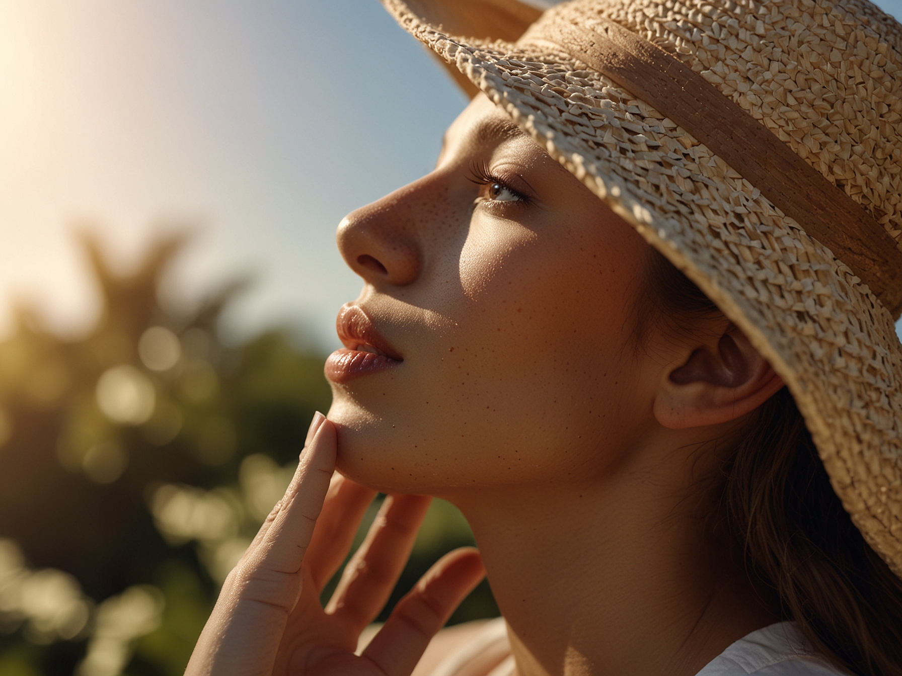 A woman applying sunscreen outdoors, illustrating the essential step of sun protection for maintaining healthy skin.