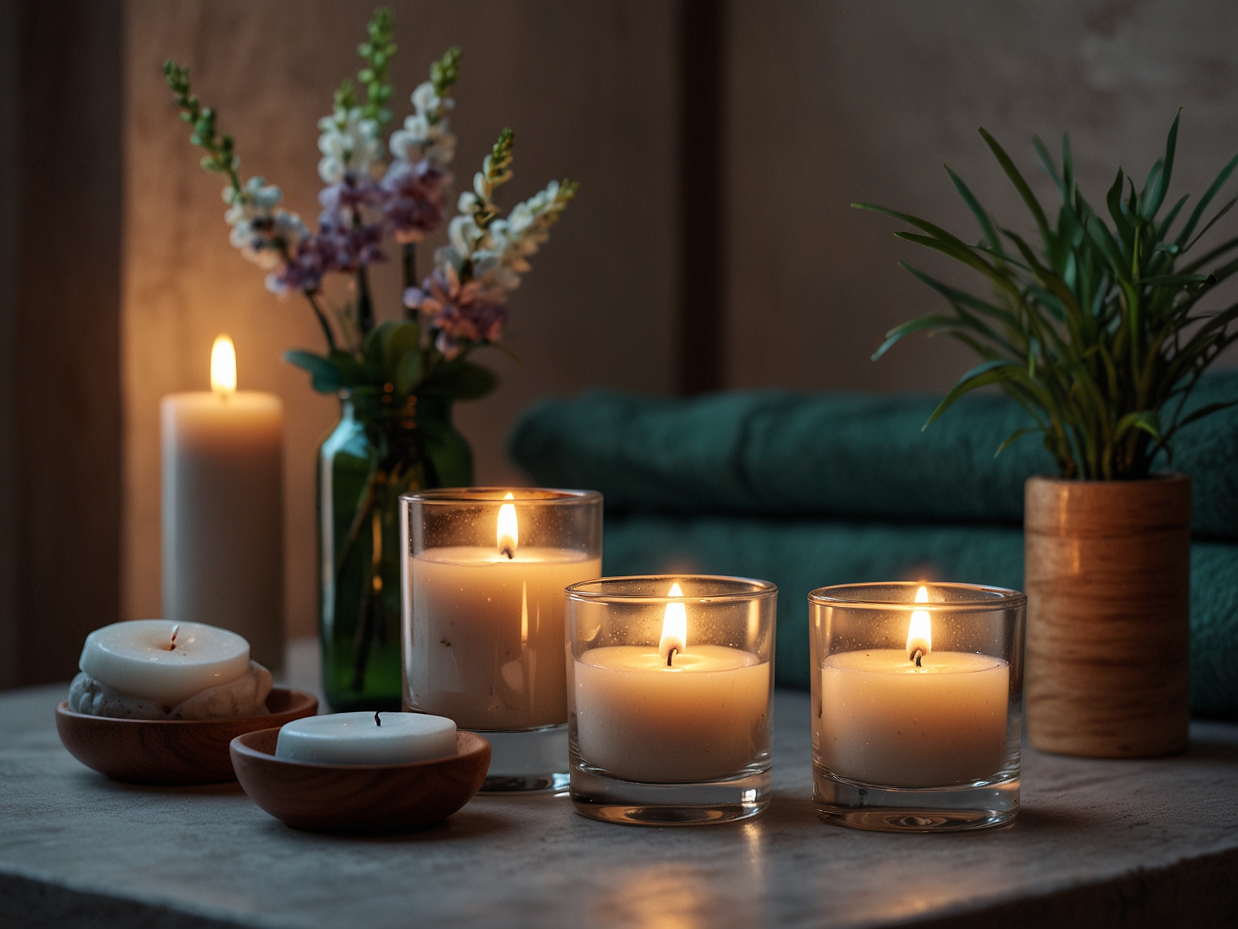 A calm, serene spa setup at home with candles and essential oils, highlighting the importance of relaxation and self-love in skincare routines.