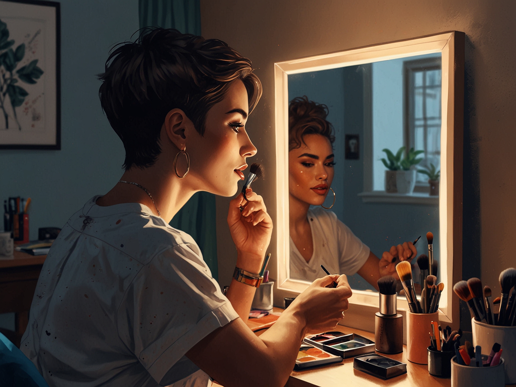 An LGBTQ+ individual applying makeup in front of a mirror, showcasing how makeup is used as a tool for self-affirmation and to celebrate one's identity, surrounded by creative materials.