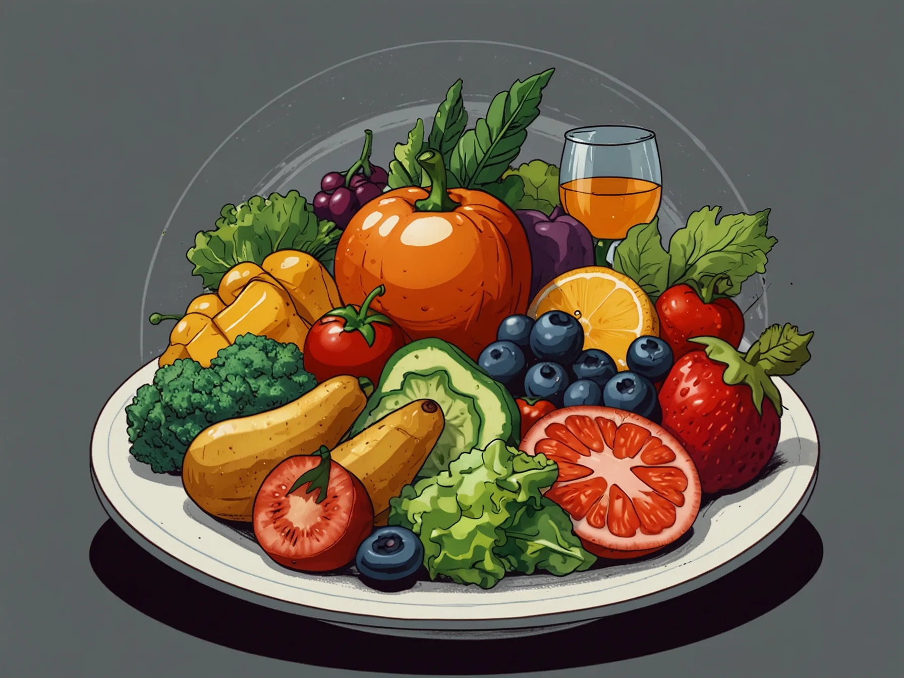 A colorful plate of healthy food is displayed, featuring fresh vegetables, fruits, proteins, and carbohydrates, emphasizing the joy of balanced eating.