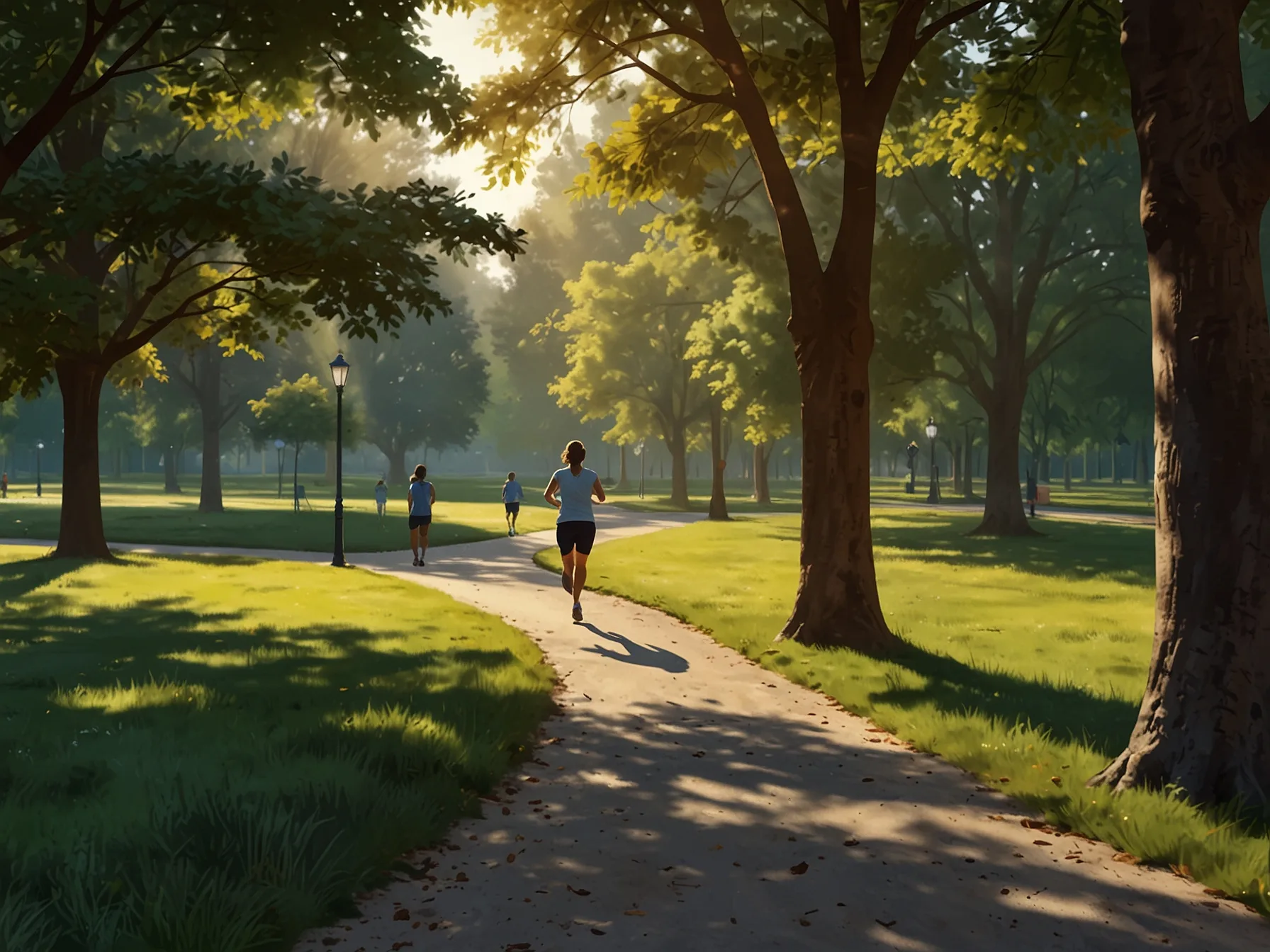 A serene outdoor scene where someone is jogging in a park, illustrating the simple ways to incorporate physical activity into daily life.