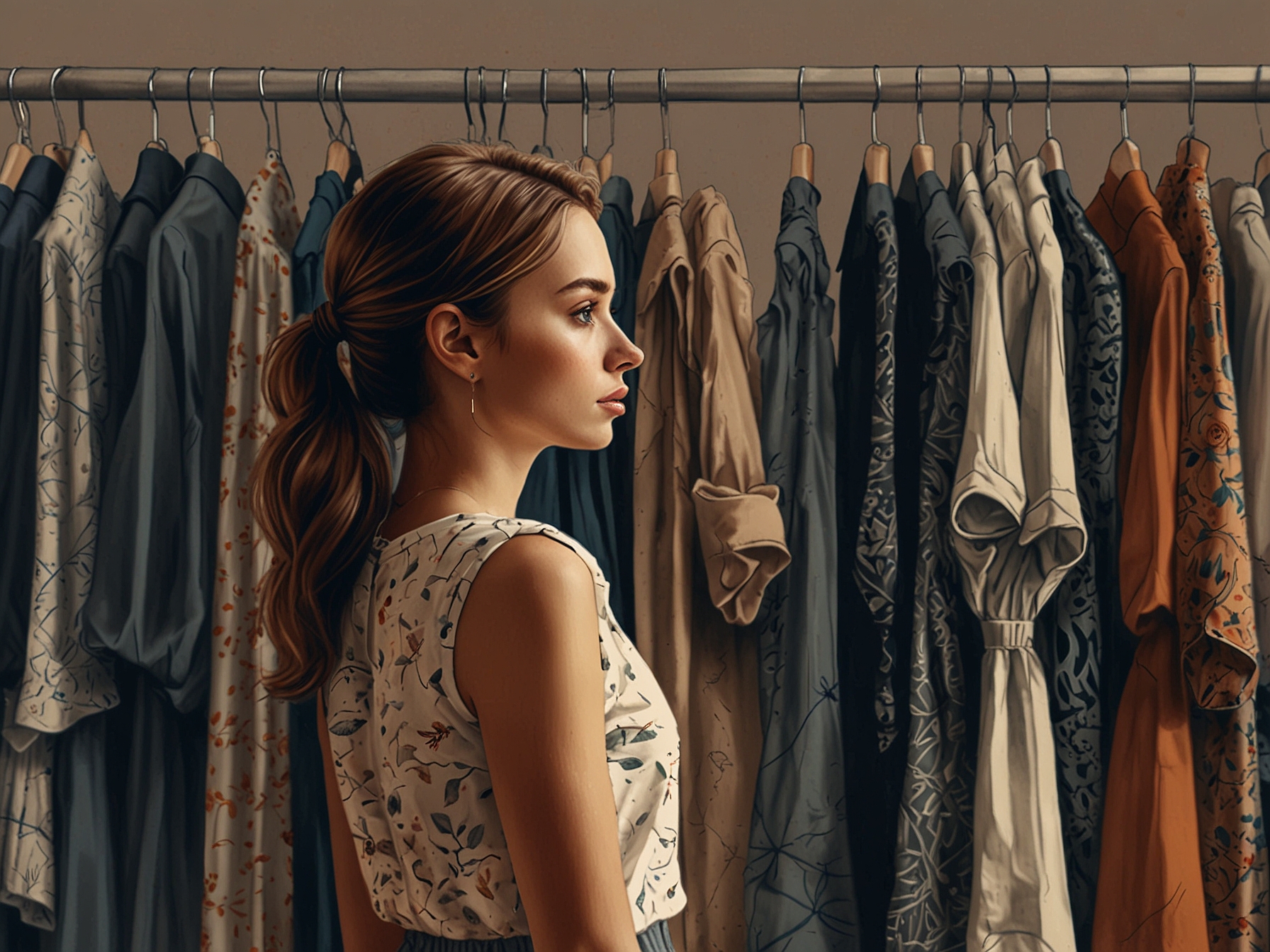 A young person thoughtfully looking at their closet filled with sustainable fashion choices, highlighting the importance of quality over quantity in clothing selection.