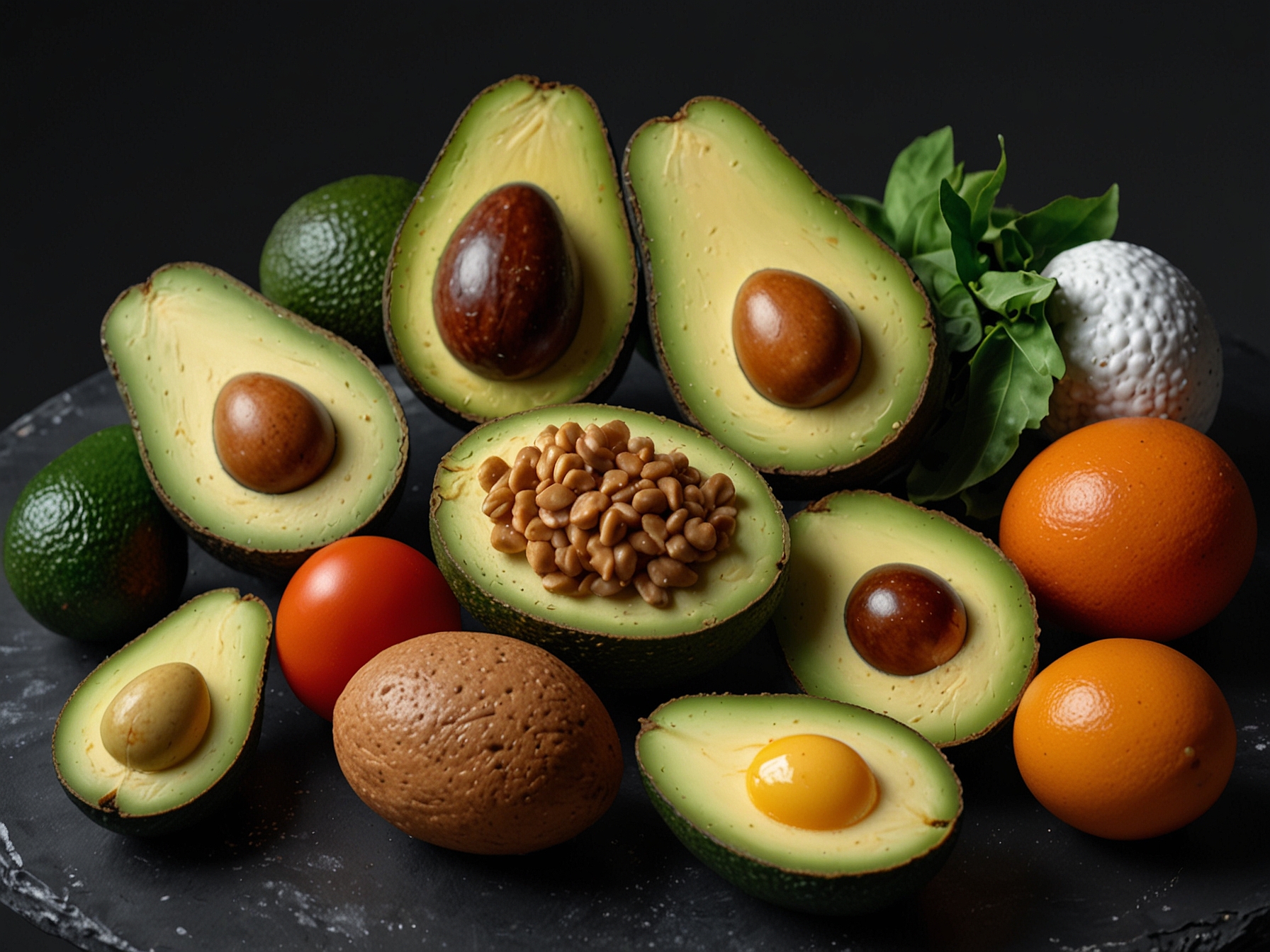 A vibrant spread of healthy foods rich in protein and vitamins, including avocados, eggs, and fish, emphasizing nutrition for hair health.