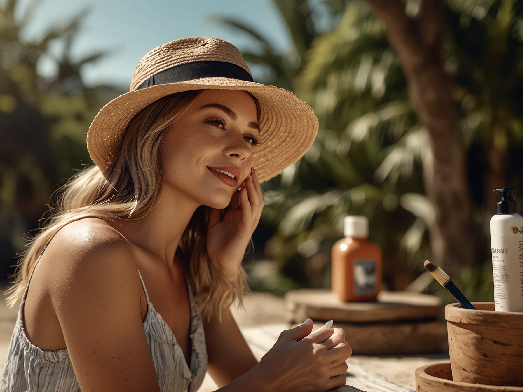 A sunny outdoor scene with a woman wearing a stylish hat and applying sunscreen for hair, highlighting the need for protection against environmental factors.