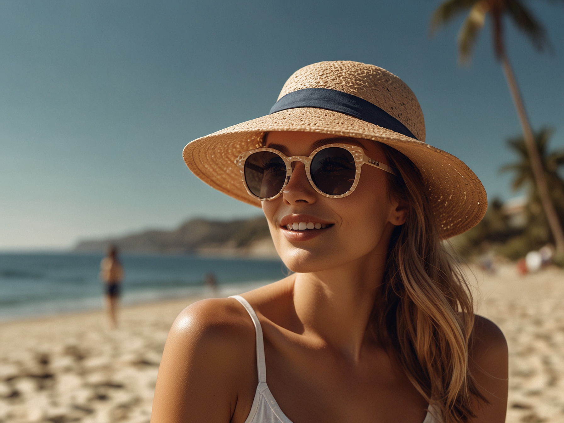 A sunlit beach setting with a woman wearing minimal makeup and sunglasses, enjoying a summer day while holding a sunscreen product, reflecting the light summer look.