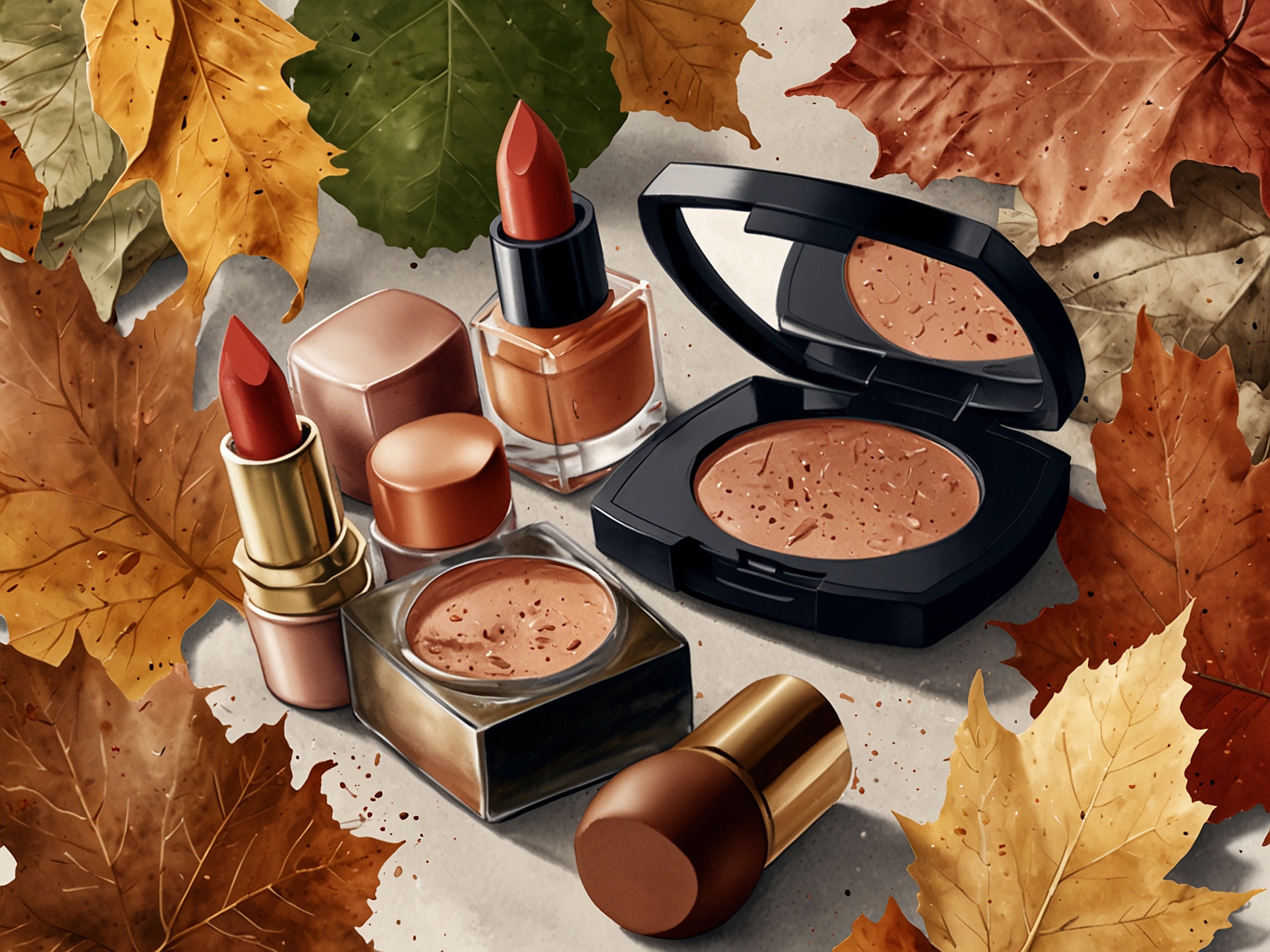 An autumn collection of warm-toned cosmetic products, such as earthy eyeshadows and rich lip colors, displayed next to falling leaves, illustrating fall beauty inspiration.