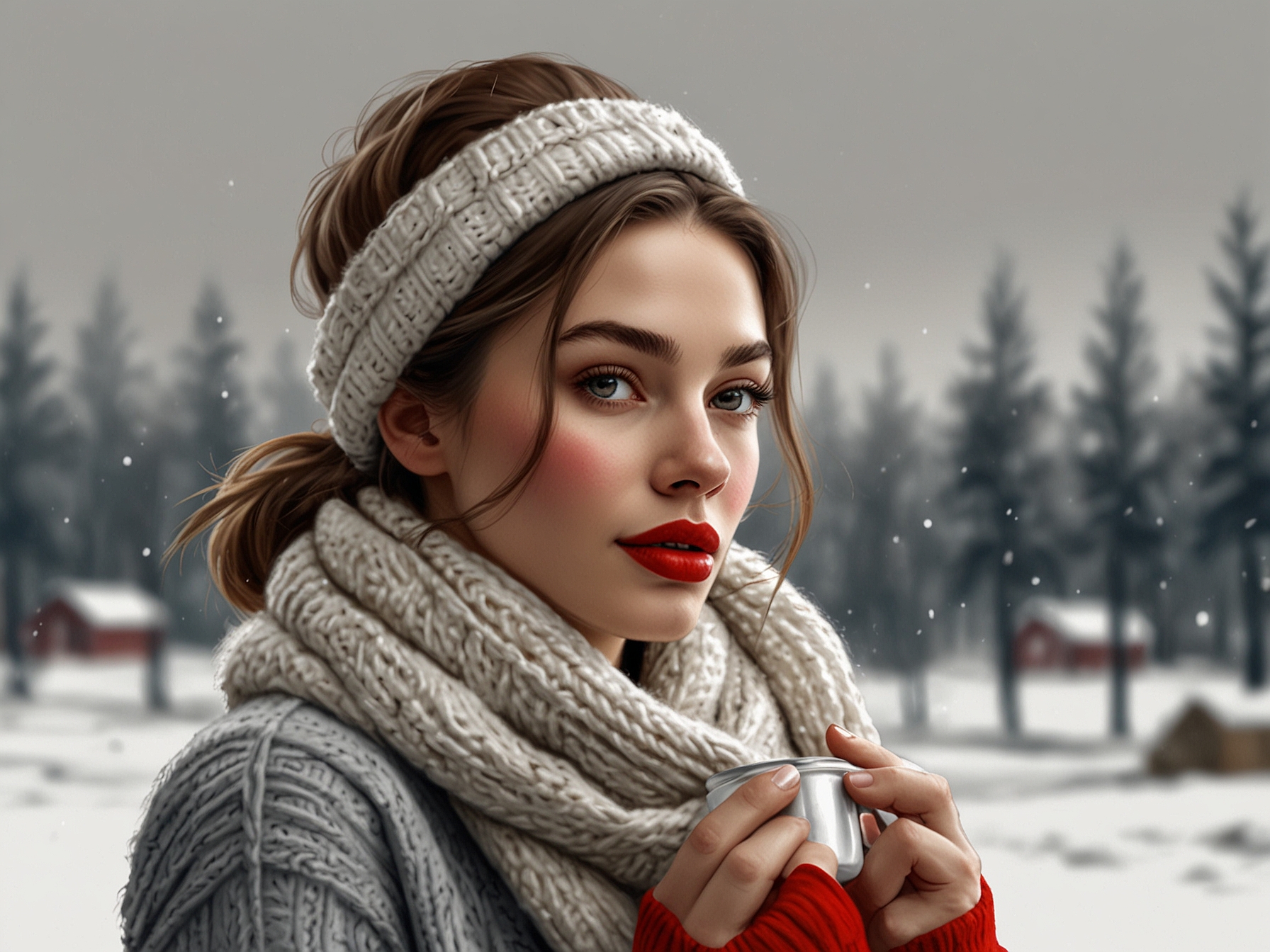 A cozy winter scene with a woman wrapped in a scarf, applying a moisturizing cream with a bright red lipstick, highlighting the importance of skincare in winter.