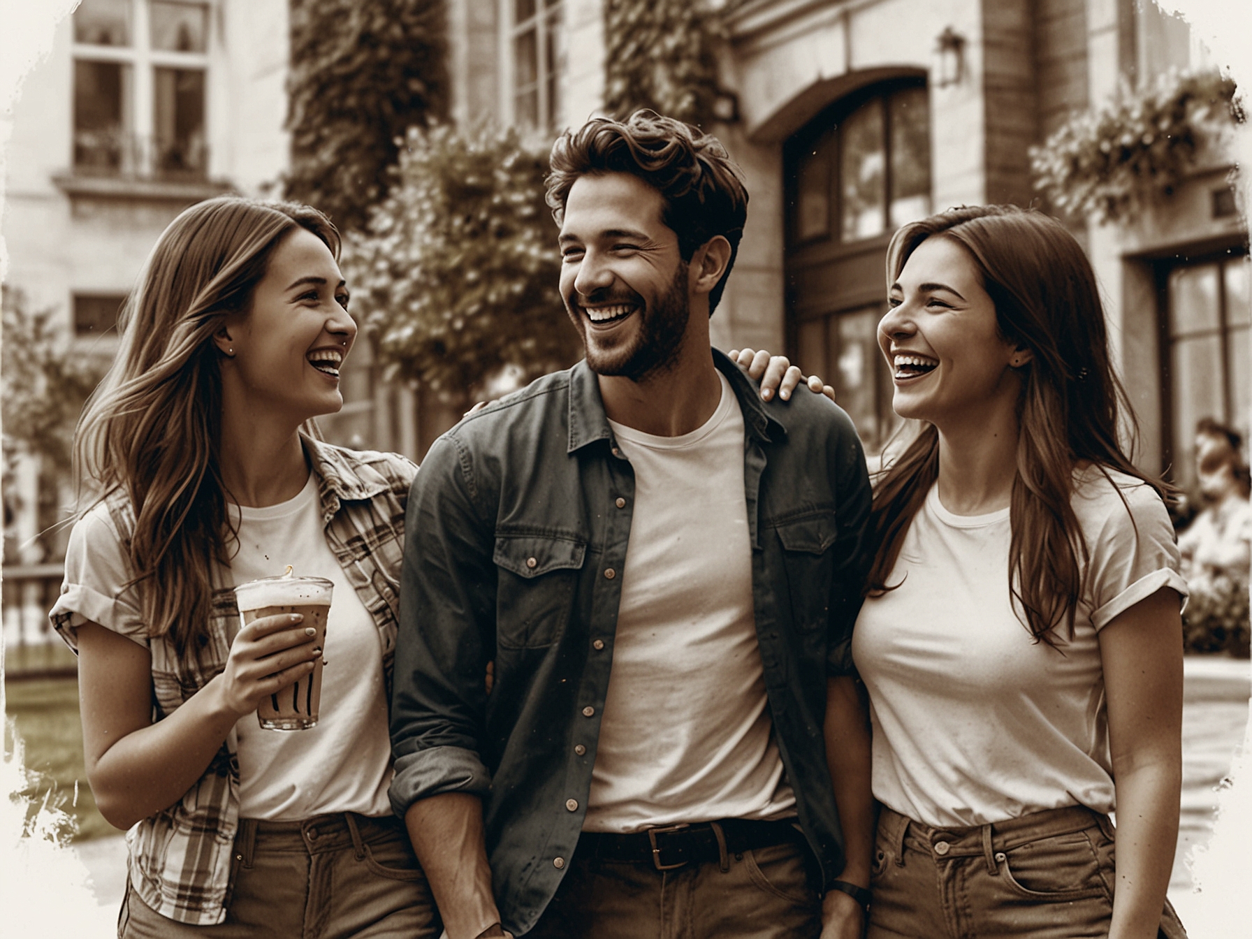 A group of friends enjoying a lively gathering, sharing laughter and joy, emphasizing the connection between good emotions and beauty during every season.