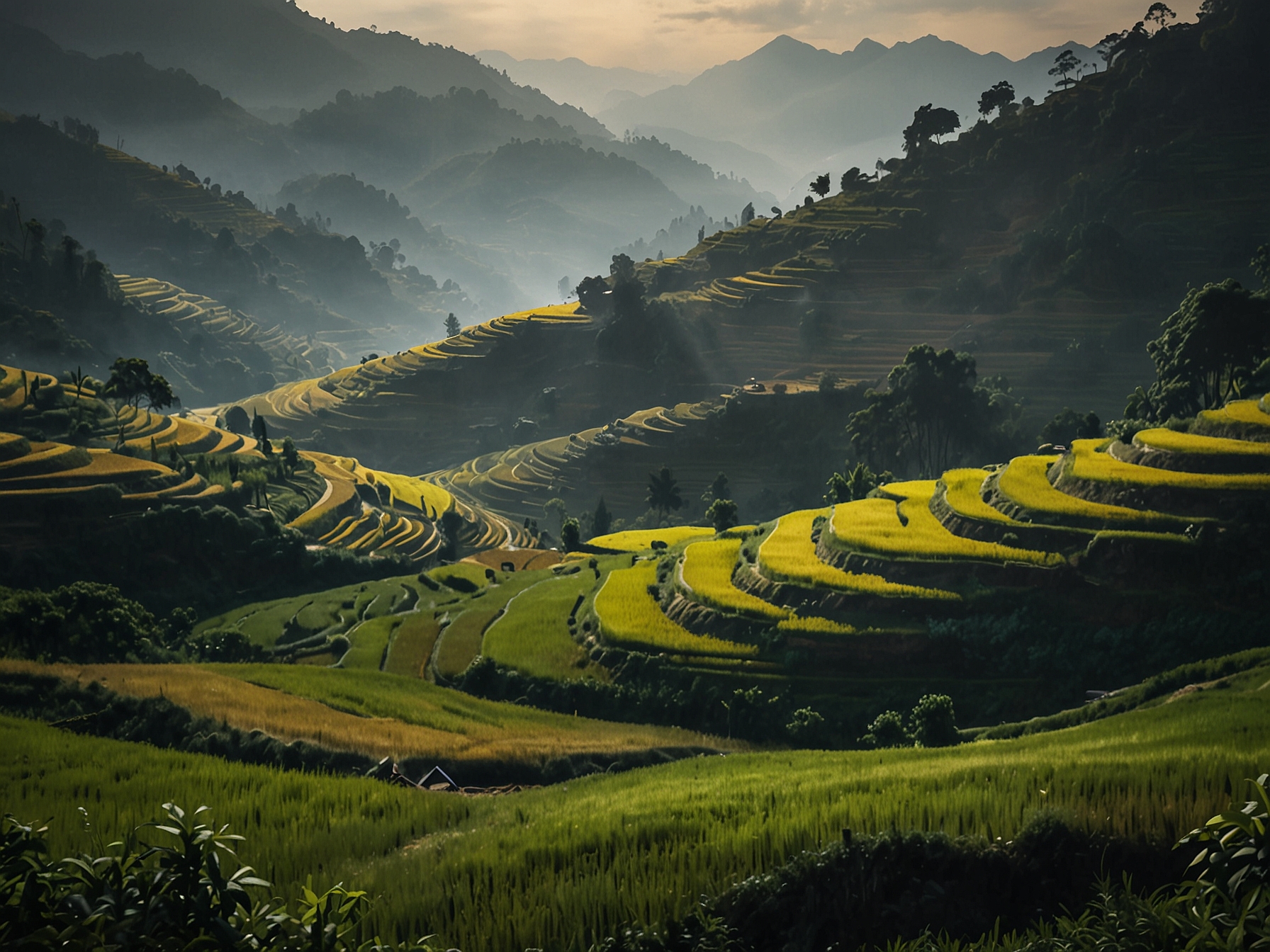 Lush terraced rice fields in Sapa, enveloped in a mystical fog, highlighting the serene beauty and cultural richness of the ethnic communities living there.