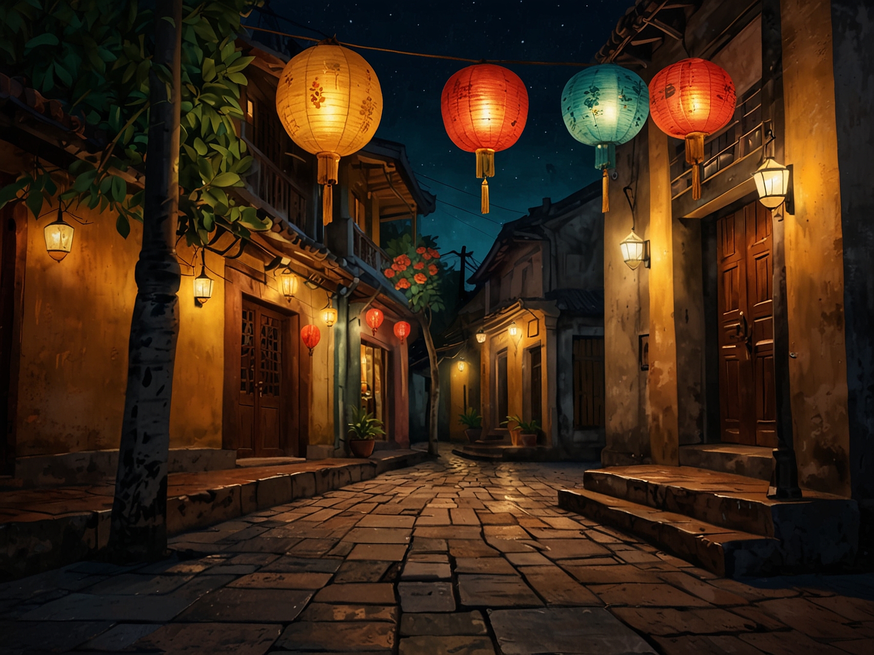 The picturesque streets of Hoi An, with colorful lanterns illuminating the old wooden houses, inviting visitors to experience its unique charm and history.