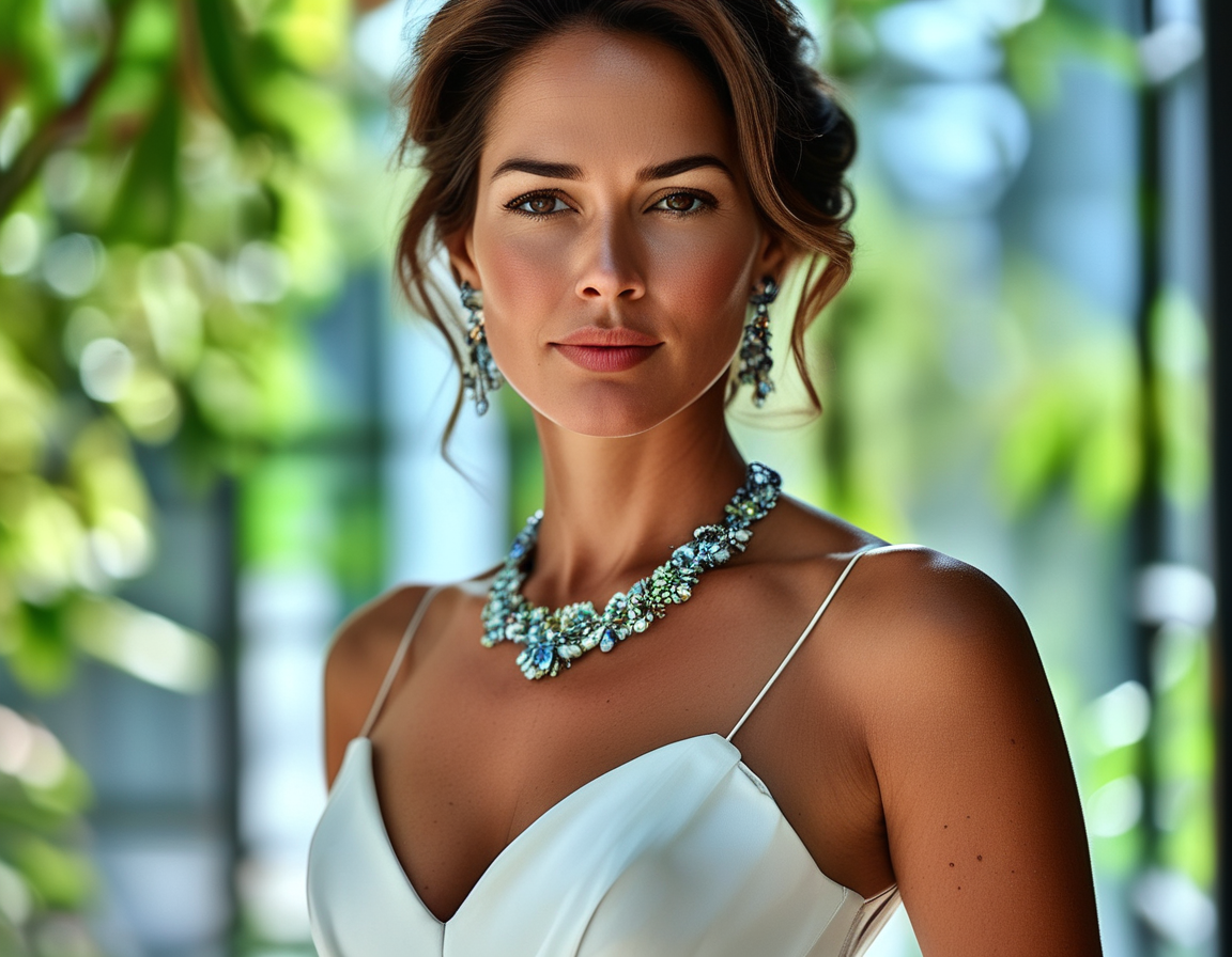 An elegant woman stands confidently in a stylish white dress, accessorized with a vibrant necklace and bold heels, exuding sophistication and freshness in a bright outdoor setting.