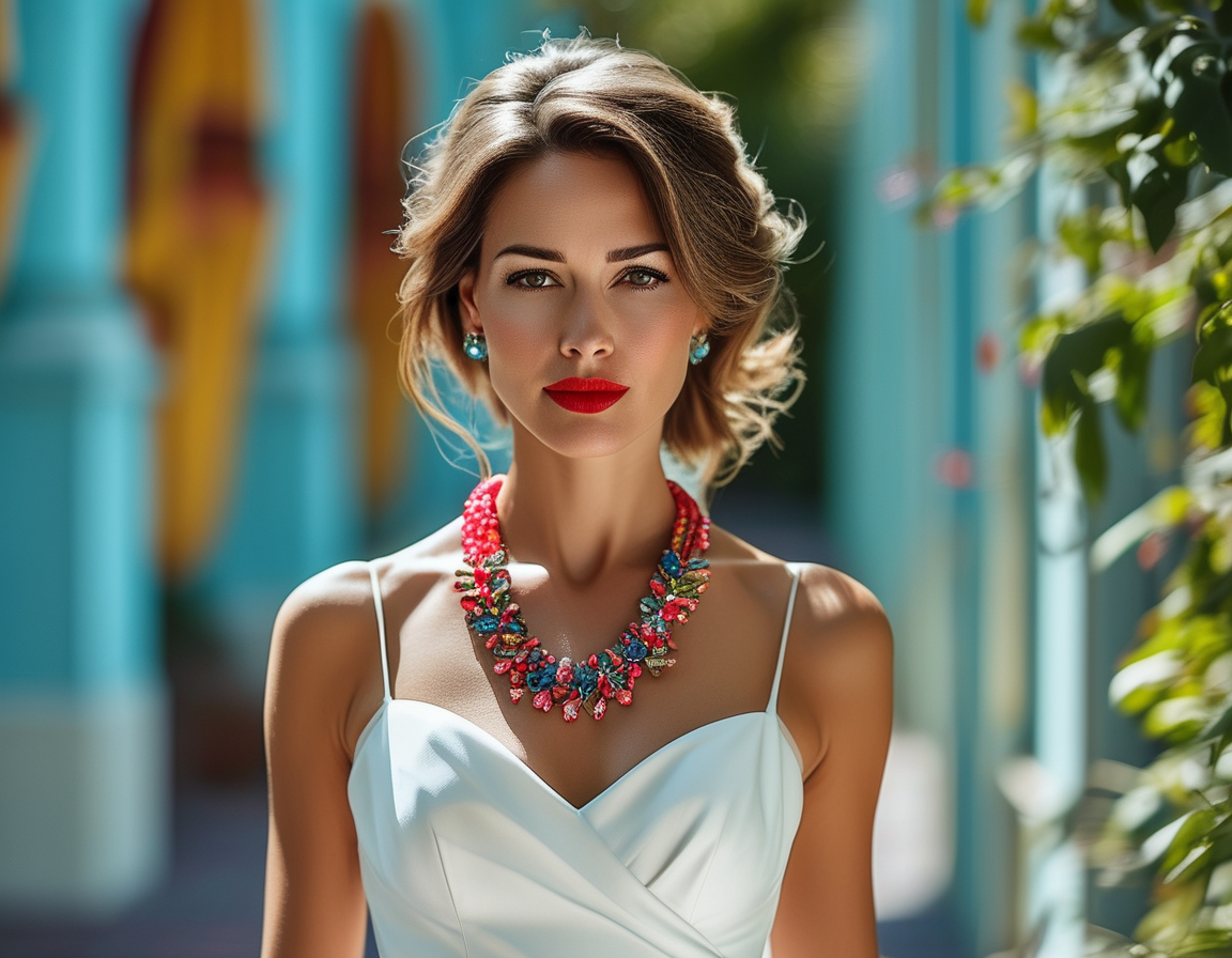 A fashionable woman layering a chic blazer over her white outfit, showcasing versatility as she prepares to transition from day to evening wear in a stylish urban backdrop.