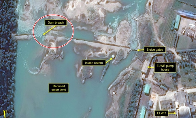 Vị trí đập bị vỡ gần khu phức hợp hạt nhân Yongbyon của Triều Tiên trong ảnh vệ tinh hôm 21/9. Ảnh: 38 North.