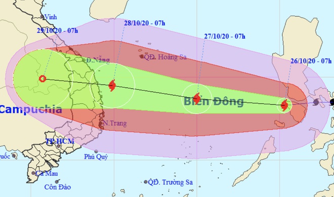 Dự báo đường đi của bão số 9 trong bản tin khẩn cấp lúc 9h sáng 26/10. Ảnh: NCHMF.