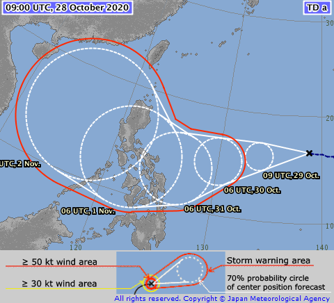 Cơ quan khí tượng Nhật Bản đưa ra dự báo về ATNĐ có khả năng mạnh lên thành bão số 10. Ảnh: Cơ quan khí tượng Nhật Bản.