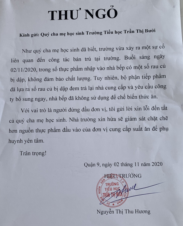 Thư ngỏ được nhà trường Tiểu học Trần Thị Bưởi dán công khai tại bảng tin.