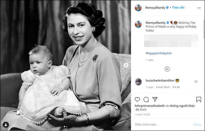 Nữ hoàng Anh đã mừng tuổi mới của con trai bằng bức ảnh đen trắng khi Thái tử Charles vẫn còn là một cậu bé trên tài khoản Instagram của mình.
