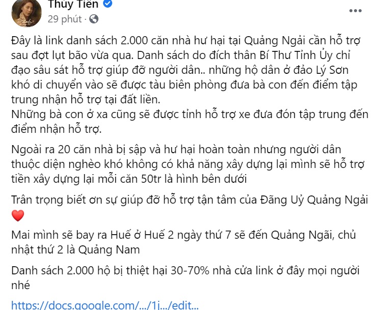 Thủy Tiên đưa danh sách 2.000 căn nhà hư hại tại Quảng Ngải cần hỗ trợ.