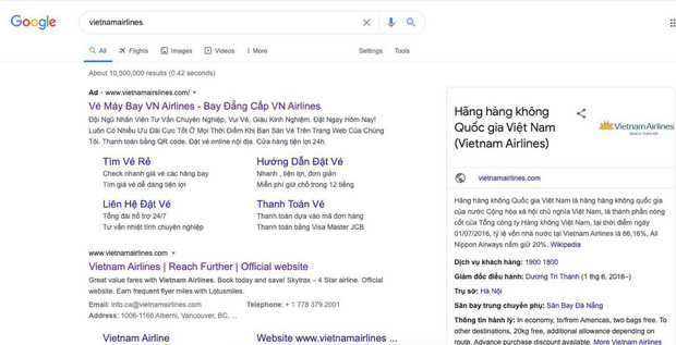 Kết quả tìm kiếm website đặt vé Vietnam Airlines trên Google