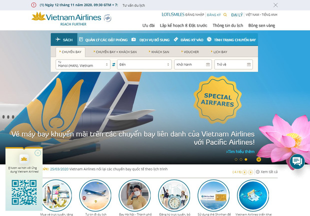 Giao diện website chính thức của Vietnam Airlines