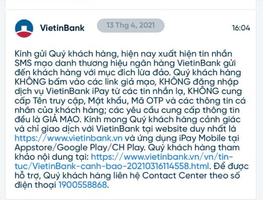 Thông báo chính thức được VietinBank gửi đến khách hàng trong ngày 13/4.