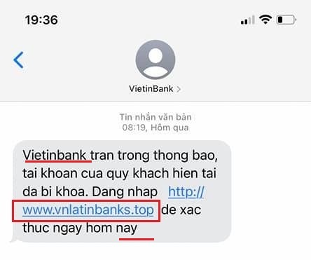 Tin nhắn mạo danh VietinBank mắc hai lỗi chữ cái 'b' trong VietinBank không viết hoa theo đúng tiêu chuẩn nhận diện thương hiệu của ngân hàng.