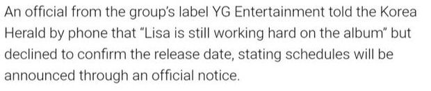 YG Entertainment - công ty chủ quản của Lisa - đã chính thức lên tiếng về vấn đề Lisa (BLACKPINK) debut solo