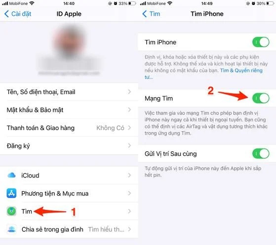 Bạn hãy kích hoạt tính năng Find My network (Mạng tìm) trên iPhone, iPad.