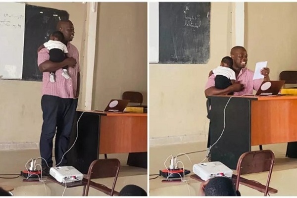 Giáo sư Senegal bế con của sinh viên trong giờ học gây sốt MXH. (Ảnh: Labaly Toure)