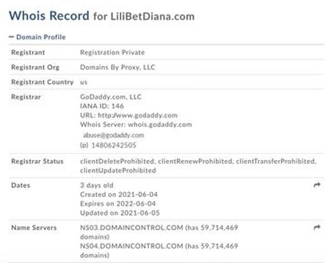 Tên miền lilibetdiana.com đã được đăng ký vào ngày 4/6.