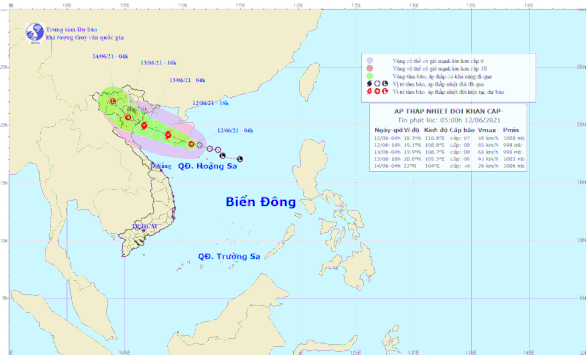 Dự báo đường đi và vùng ảnh hưởng của áp thấp nhiệt đới trên Biển Đông.