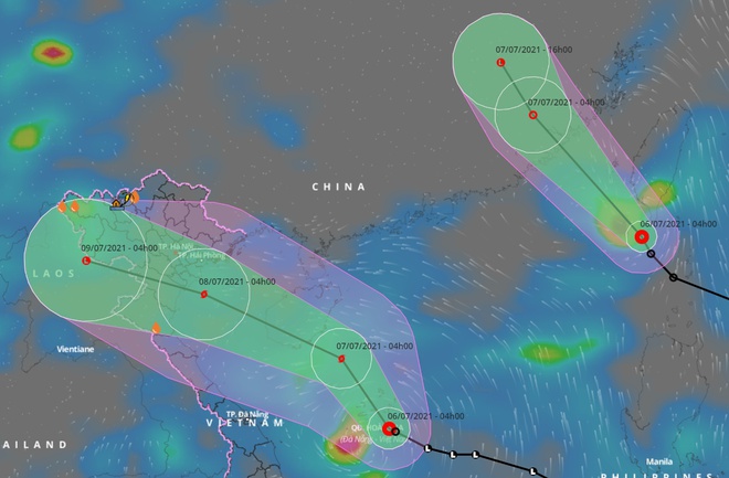 2 xoáy thuận nhiệt đới hoạt động cùng lúc, trong đó một áp thấp nhiệt đới khả năng mạnh thành bão hướng vào đất liền nước ta. Ảnh: VNDMS.