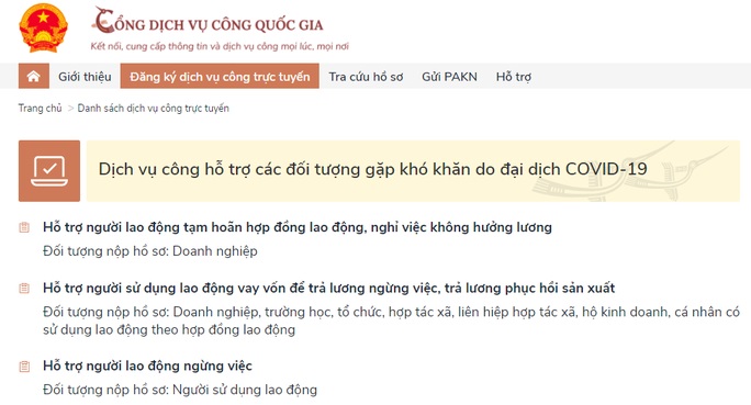 Người lao động, doanh nghiệp gặp khó khăn do Covid-19 có thể làm thủ tục nhận tiền hỗ trợ trên Cổng Dịch vụ công Quốc gia