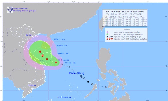 Dự báo hướng di chuyển của áp thấp nhiệt đới - Nguồn: Trung tâm Dự báo Khí tượng Thủy văn Quốc gia