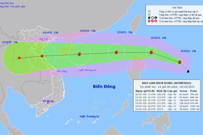 Vị trí và hướng di chuyển của bão Kompasu. (Ảnh: NCHMF).