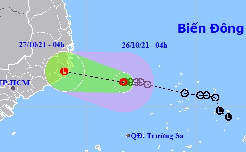 Dự báo đường đi của áp thấp nhiệt đới trên Biển Đông. Ảnh: NCHMF.