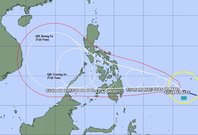 Cơ quan khí tượng Nhật Bản dự báo đường đi của bão Rai khả năng di chuyển vào Biển Đông ngày 18/12. Ảnh: JMA.