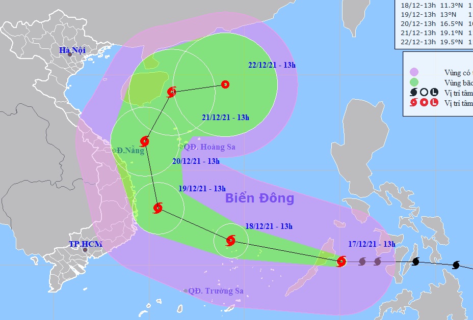 Dự báo vị trí và đường đi của bão RAI. Ảnh NCHMF