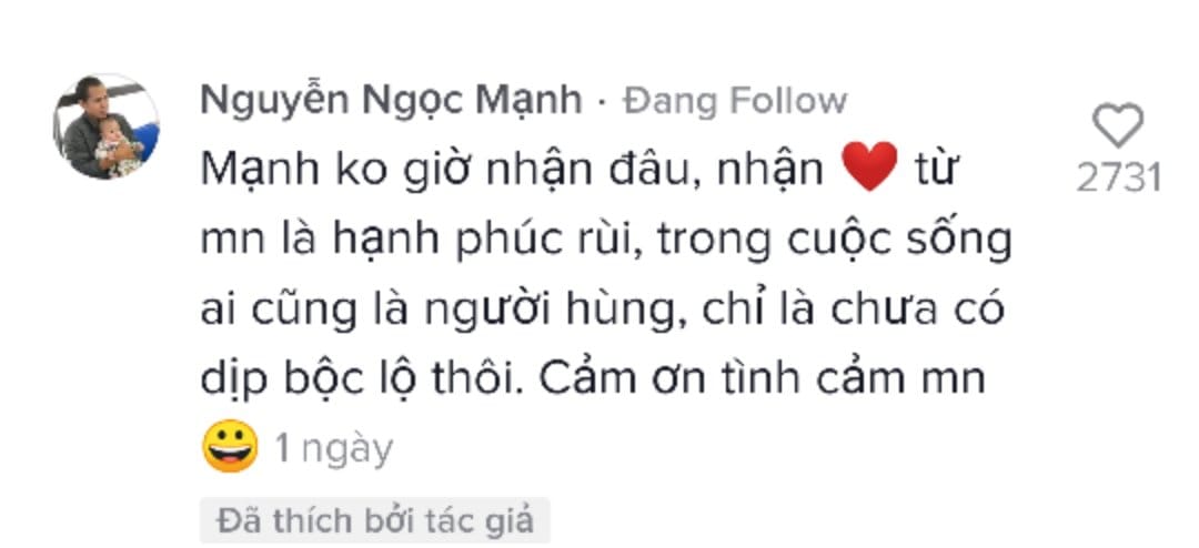 Anh Nguyễn Ngọc Mạnh trong lần trả lời một đề nghị tặng anh 50 triệu. 