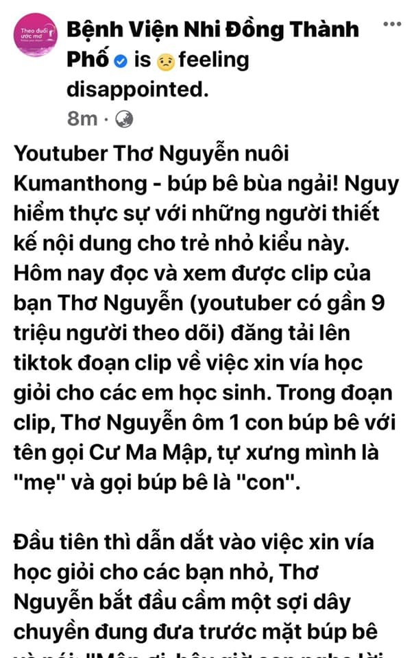 Một trong số những dòng trạng thái bày tỏ sự thất vọng với nội dung độc hại mà Thơ Nguyễn đưa ra.