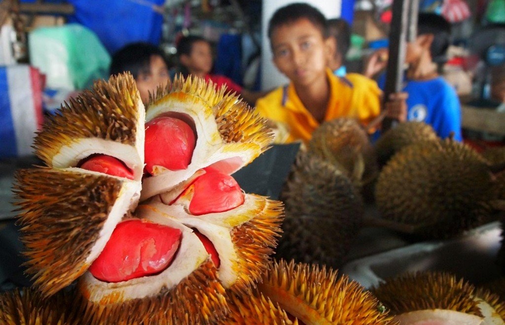 Sầu riêng ruột đỏ được bán rất phổ biến ở các khu chợ tại Malaysia.