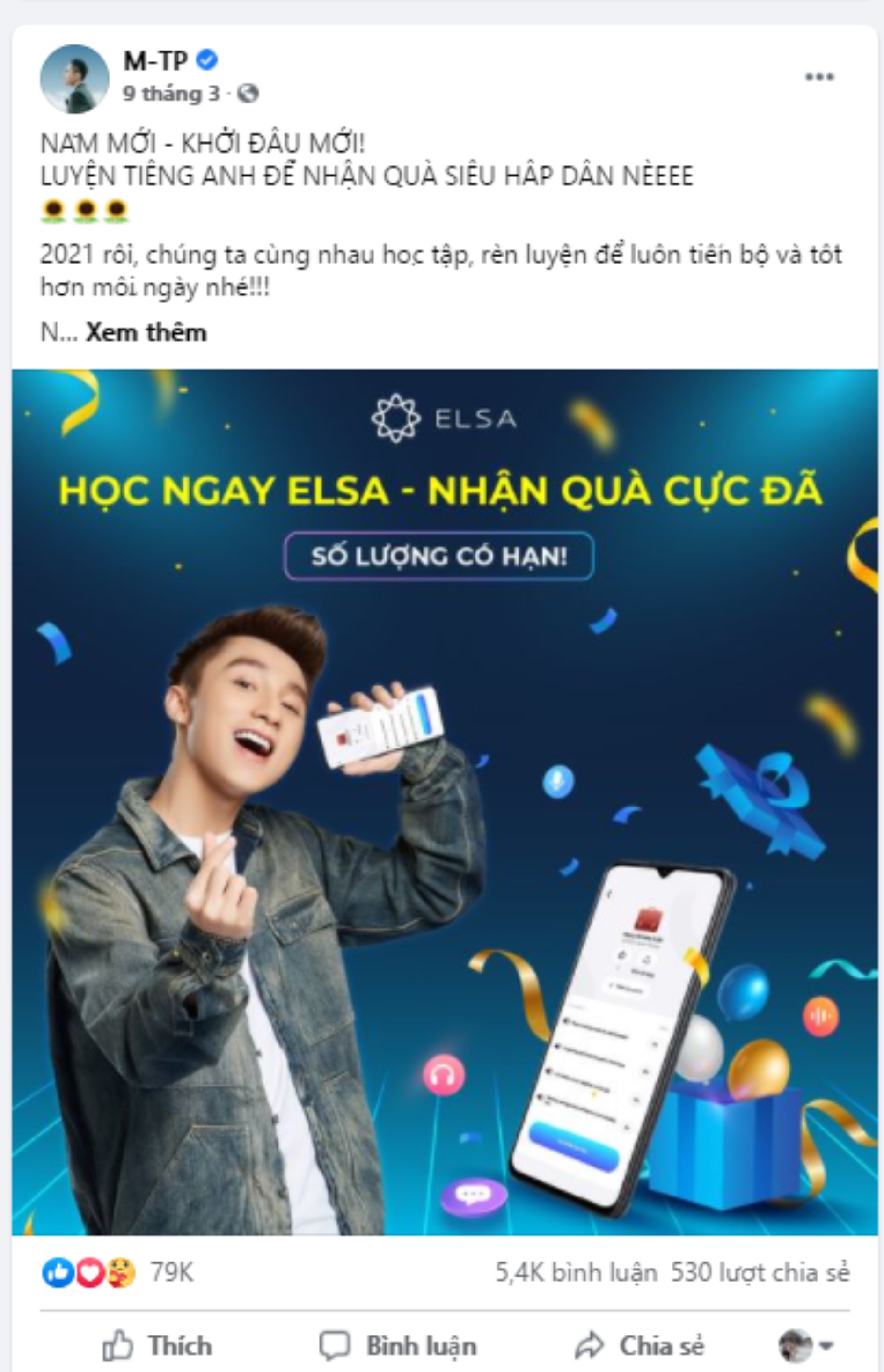 Lần gần nhất Sơn Tùng đăng bài trên trang FB là cách đây cả tháng trước và để quảng cáo cho ...app học Tiếng Anh.