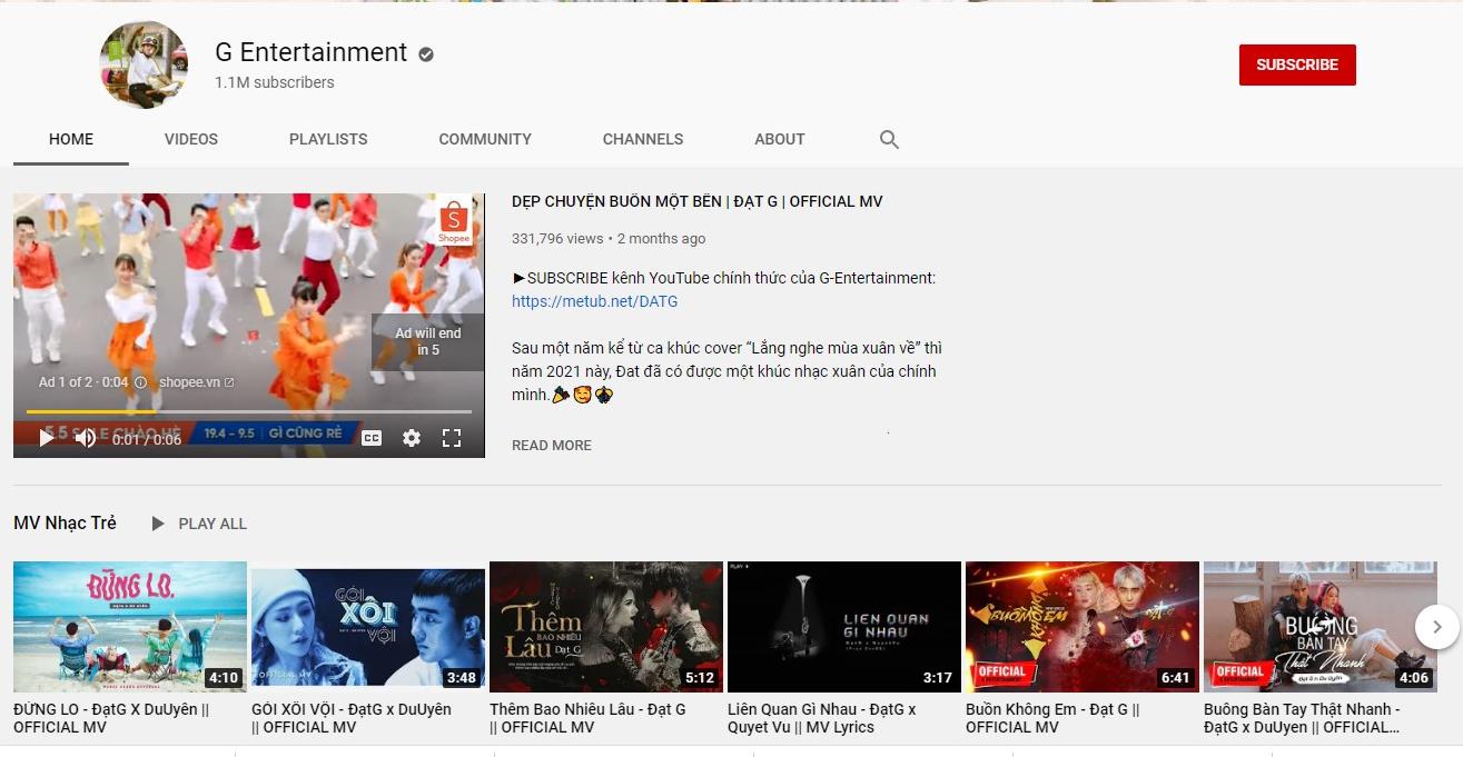 Kênh Youtube G Entertainment đã có 1,1 triệu Subs.