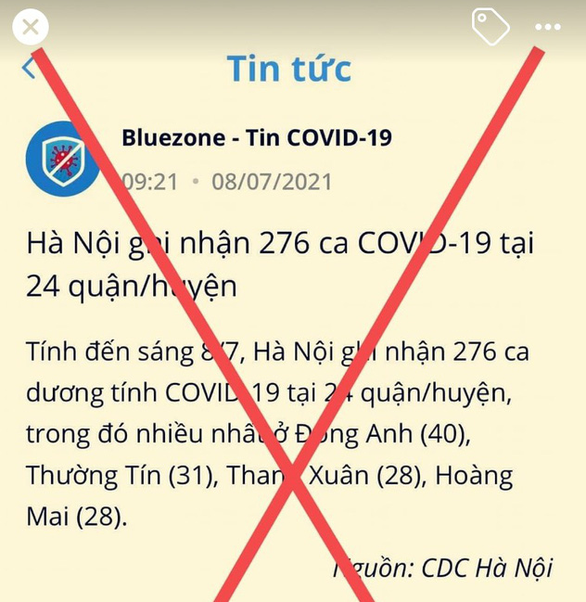 Thông tin 'Hà Nội ghi nhận 276 ca COVID-19' vào ngày 8/7 trên ứng dụng Bluezone là không đúng.