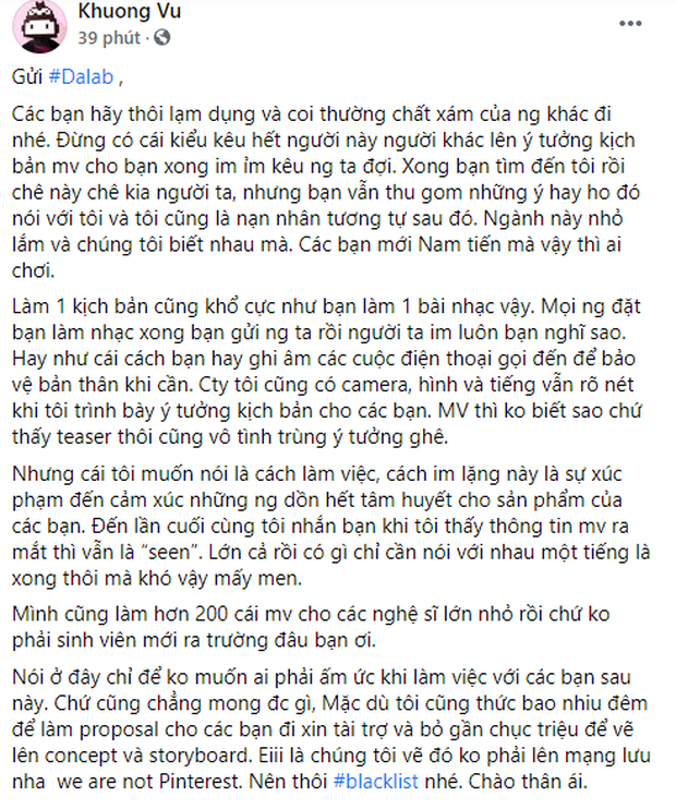 Bài đăng trên FB cá nhân của đạo diễn Khương Vũ.