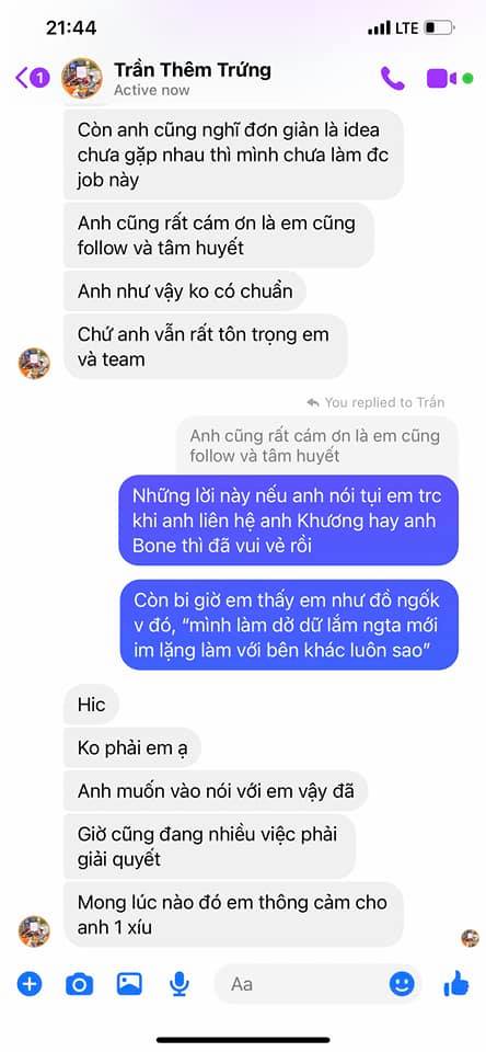 Đoạn chat của Minh Châu và trưởng nhóm Kào của Da LAB.